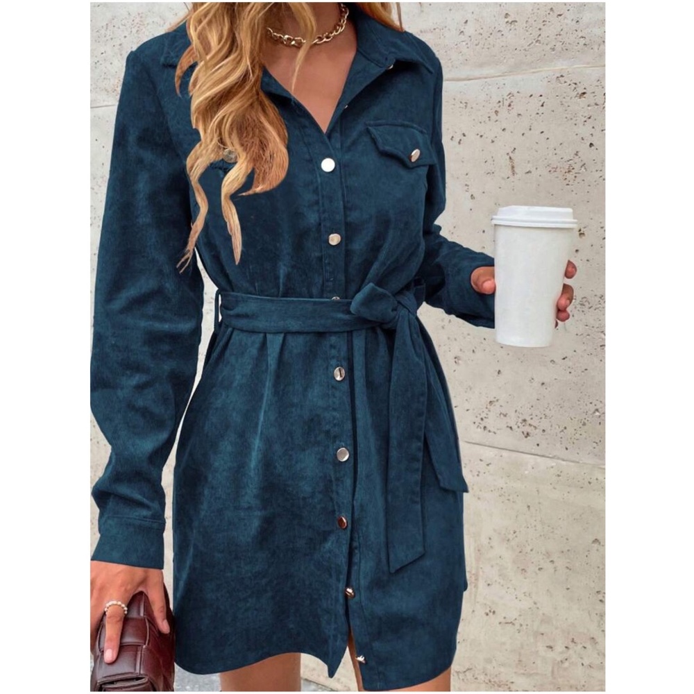 Corduroy Button Down Belted Long Sleeve Shirt Dress - Picture 5 of 10